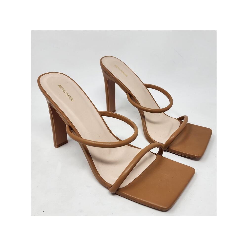 PRETTYLITTLETHING Extreme Heels Women 7 Tan Square Toe Tan Twin Strap Sandal